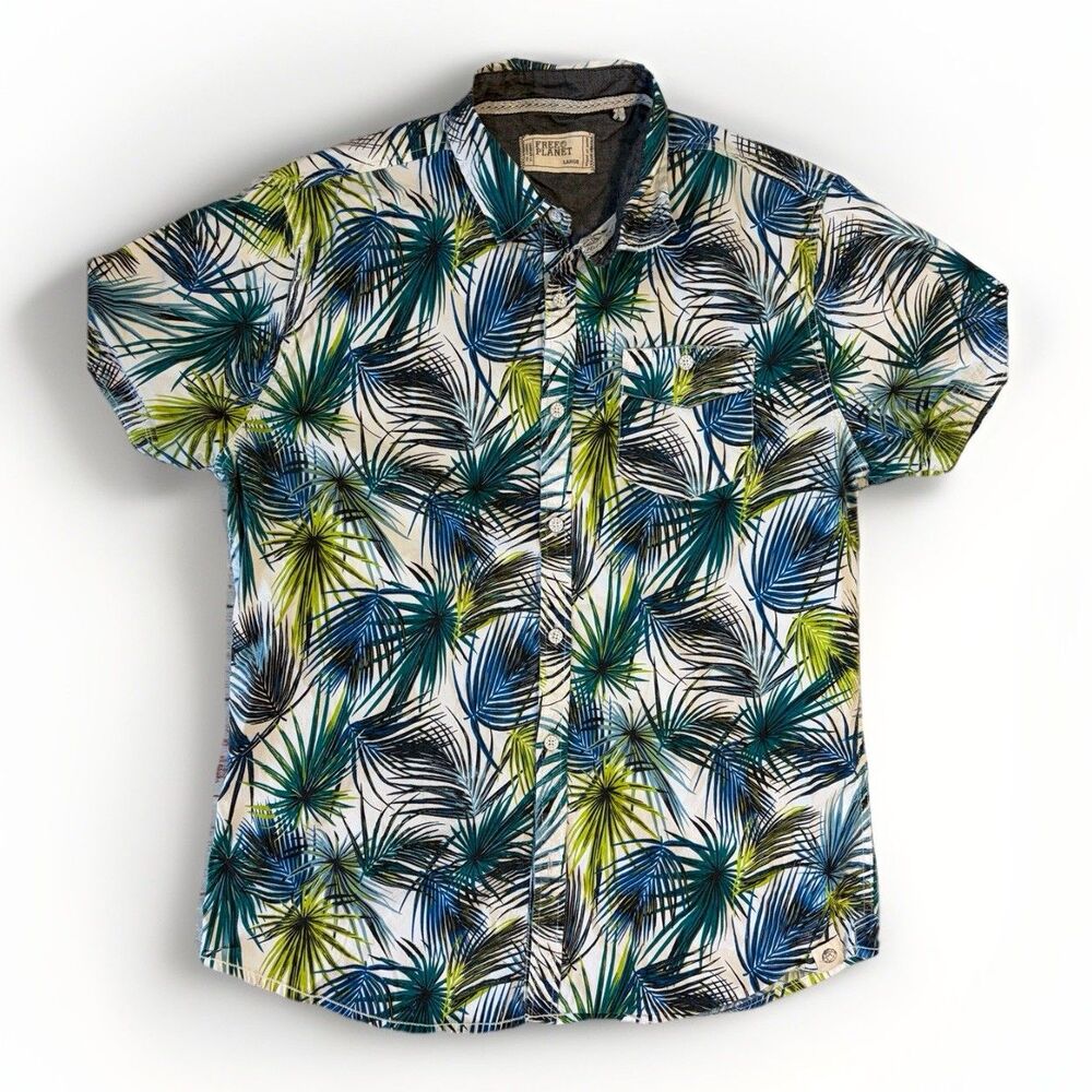 Free Planet Shirt Mens Large Relaxed Hawaiian Tropical Button Up Blue Green Leaf